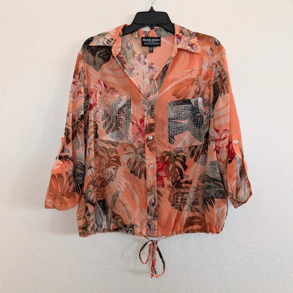 FRANK LYMAN Blouse L Multicolor Floral Sheer Embellished Roll Tab Sleeve Tie - Picture 1 of 14